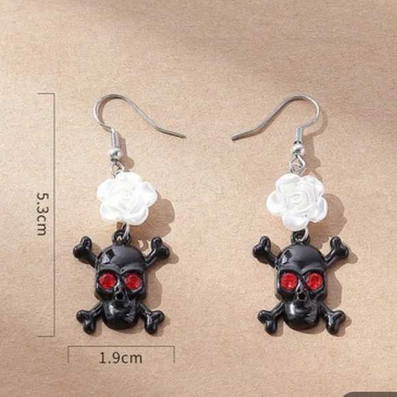 Skull & Crossbone Dangle Drop Earrings With Red Gems/Rinestones For Eyes - Picture 2 of 7